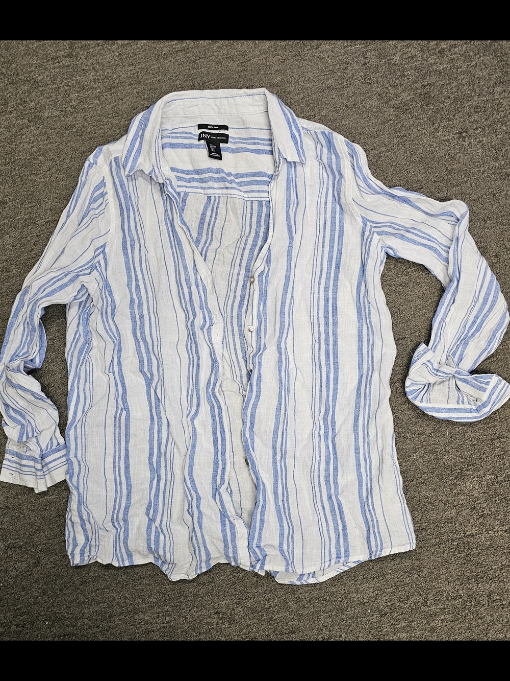 Jones New York White and Light Blue Striped Linen-Blend Button Shirt
